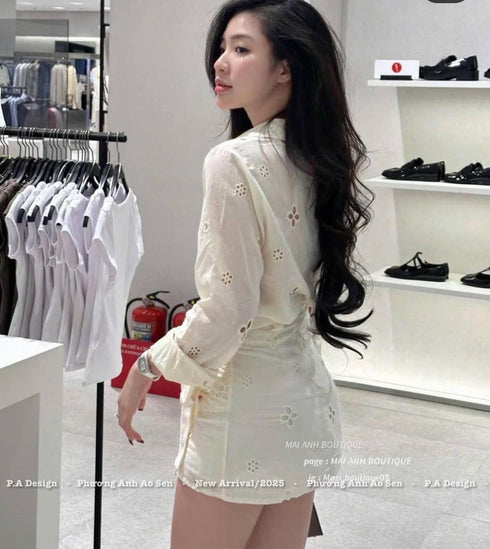 Cotton Hollow Out Embroidered Shirts With Mini Skirts